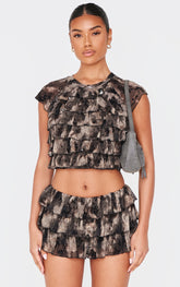 Charcoal Grey Devore Mesh Ruffle Top