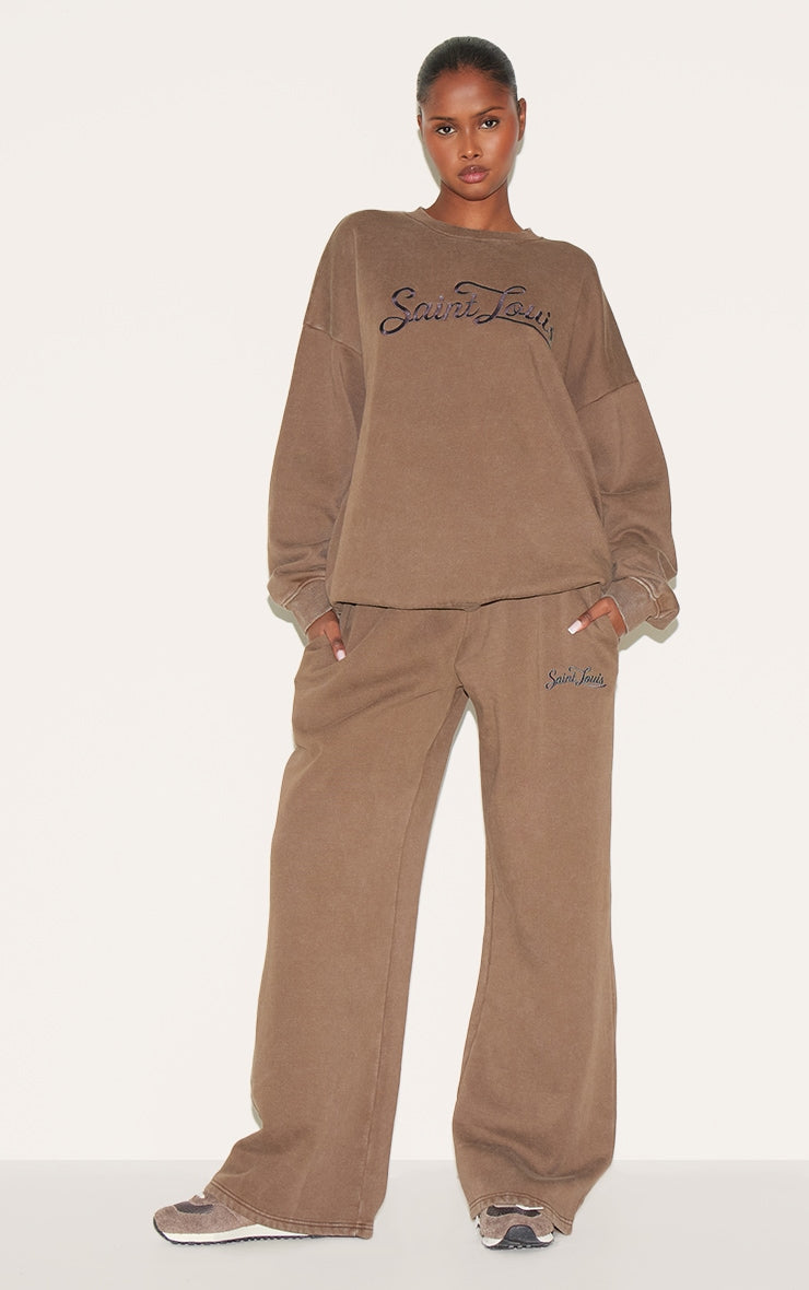 Taupe Saint Louis Embroidered Wide Leg Joggers