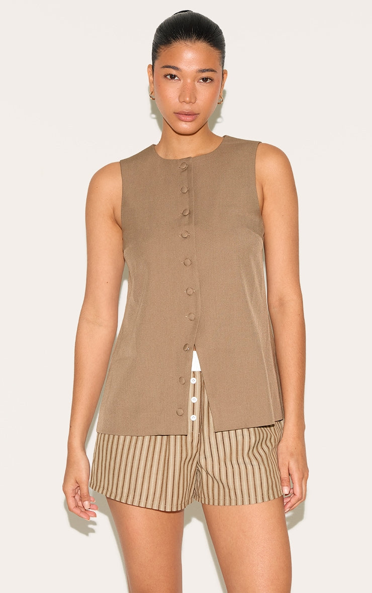 Mushroom Woven Button Down Longline Waistcoat