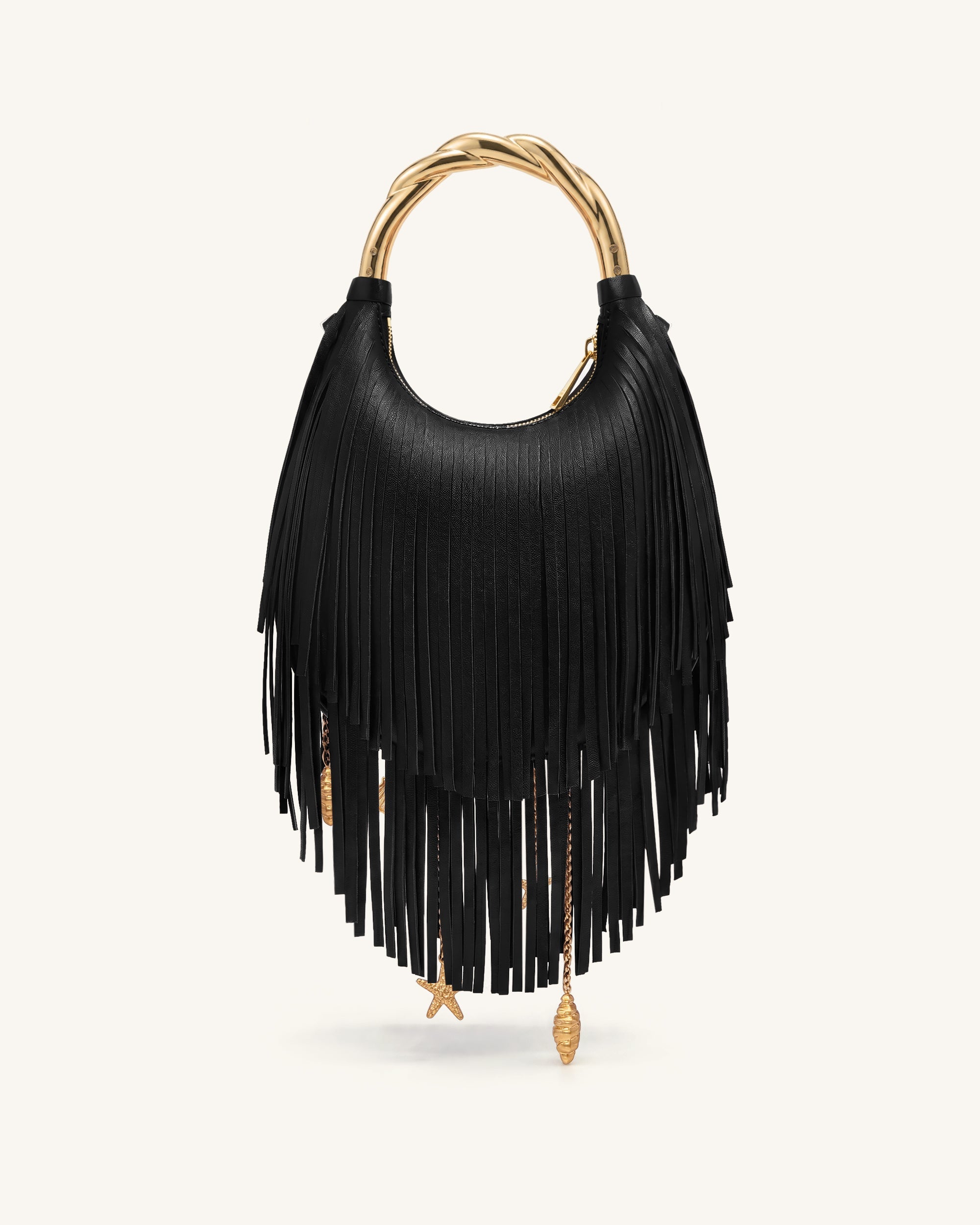Chloe Metal Handle Fringe Top Handbag - Dark Brown