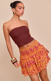 Orange Printed Chiffon Tierred Mini Skirt