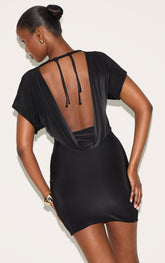 Black Double Layered Slinky Ruched Short Sleeve Mini Dress