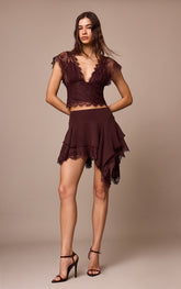 Dark Plum Chiffon Layered Lace Detail Mini Skirt