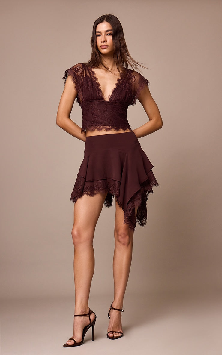 Dark Plum Chiffon Layered Lace Detail Mini Skirt