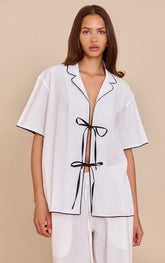 Cream Linen Look Contrast  Oversized Tie Shirt