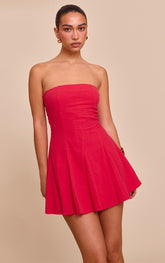 Red Bandeau Pleated Shift Dress