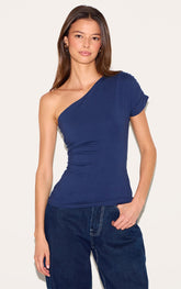 Indigo Blue One Shoulder Asymmetric Top