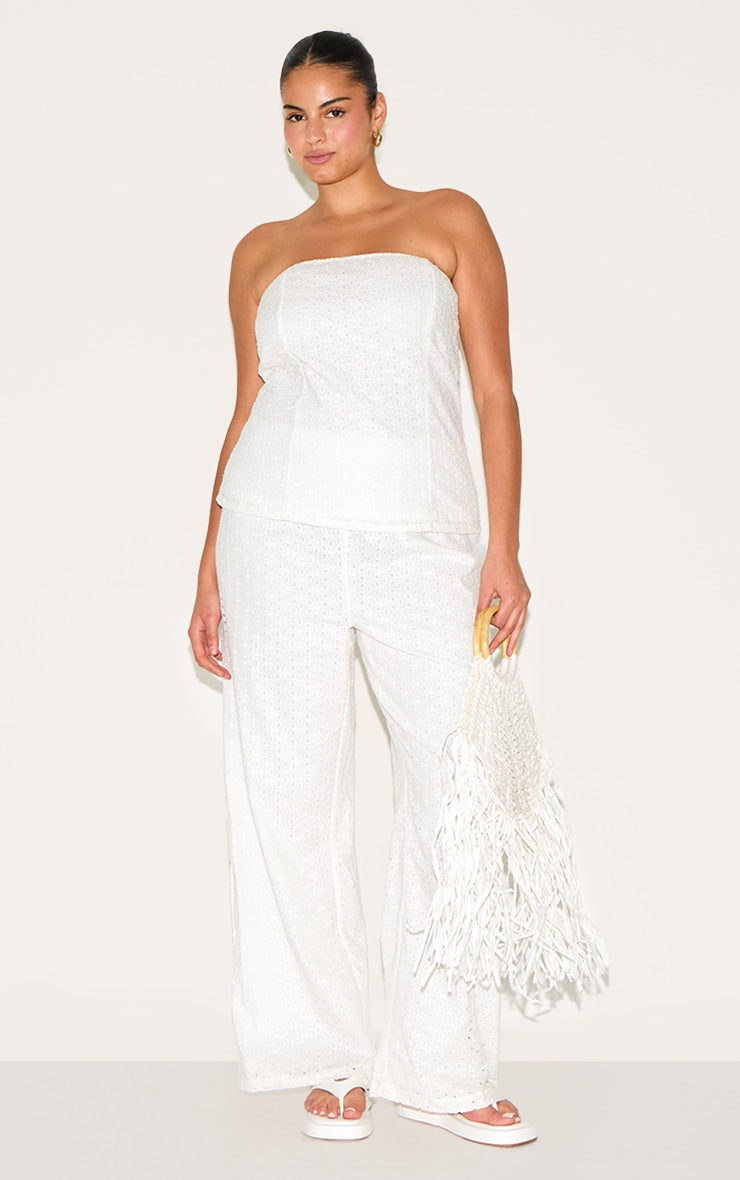 Plus White Embroidered Linen Mid Rise Trousers