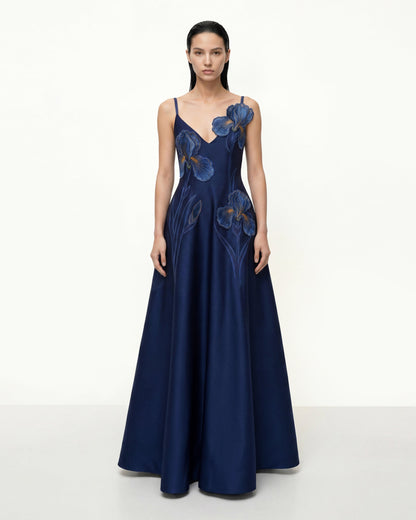 Iris Embroidered A-Line Maxi Dress - Navy Blue