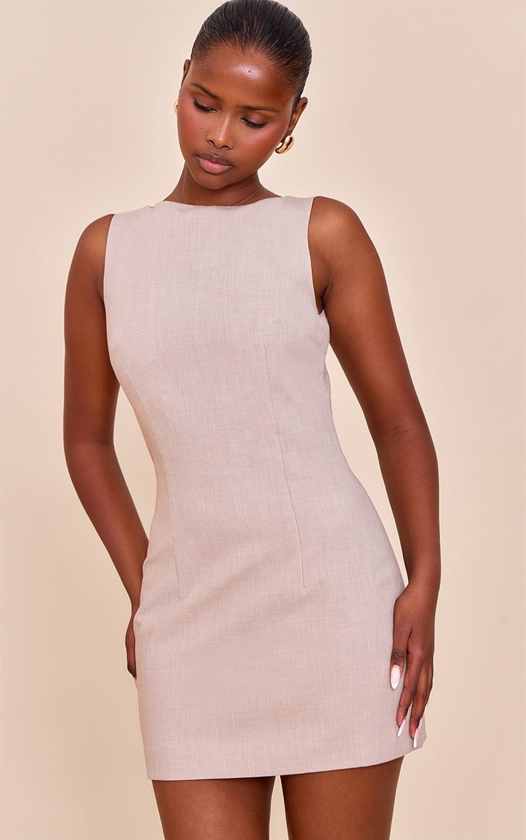Beige Woven Slash Neck Mini Dress