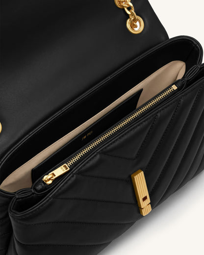 Valerie Quilted Chain Flap Shoulder Bag - Black