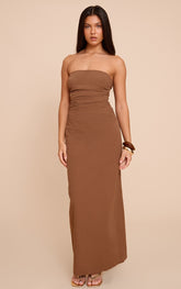 Chocolate Bandeau Ruched Maxi Dress