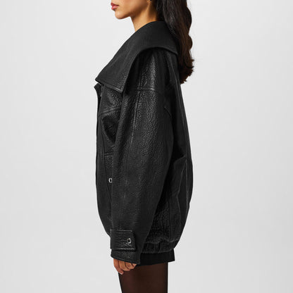 Oversized Lambskin Long Sleeve Leather Jacket