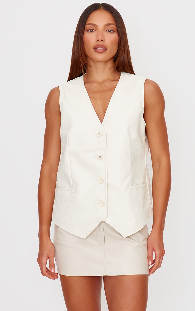 Cream Faux Leather Oversized Waistcoat