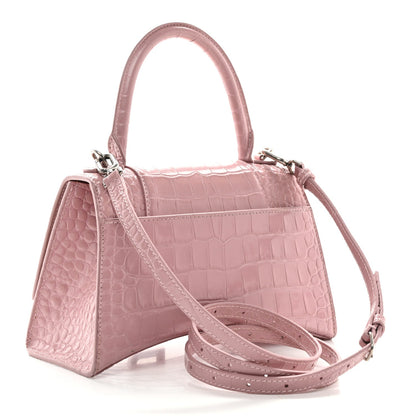 Shiny Calfskin Crocodile Embossed Small Hourglass Top Handle Bag Powder Pink