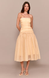 Yellow Organza Ruched Bodice Midi Dress