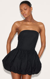 Black Linen Bandeau Tie Waist Puffball Dress