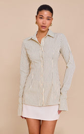 Beige Striped Woven Fitted Shirt