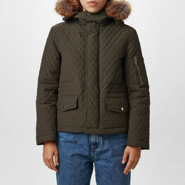 Equestrian Knight Detachable Faux-Fur Trim Hooded Long Sleeve Quilted Jacket