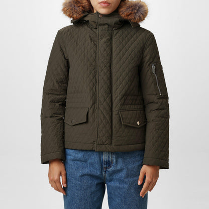 Equestrian Knight Detachable Faux-Fur Trim Hooded Long Sleeve Quilted Jacket