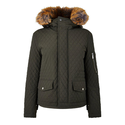 Equestrian Knight Detachable Faux-Fur Trim Hooded Long Sleeve Quilted Jacket
