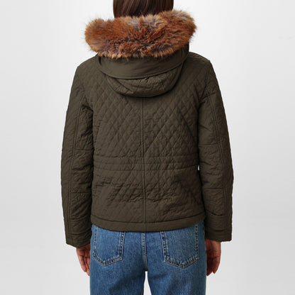 Equestrian Knight Detachable Faux-Fur Trim Hooded Long Sleeve Quilted Jacket