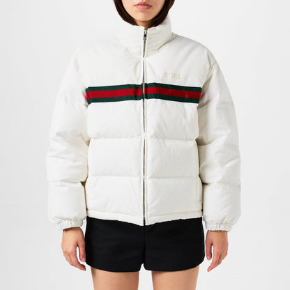 Twill Bomber Water Resistant Goose Down Stand Collar Short Puffer Jacket