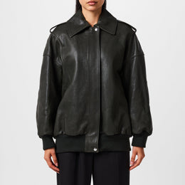 Aviator Bomber Leather Long Sleeve Oversized Fit Jacket