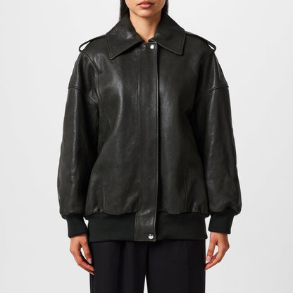 Aviator Bomber Leather Long Sleeve Oversized Fit Jacket