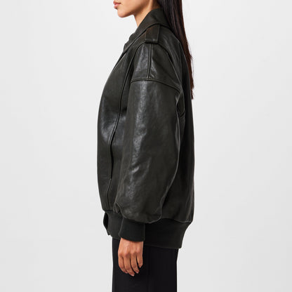 Aviator Bomber Leather Long Sleeve Oversized Fit Jacket