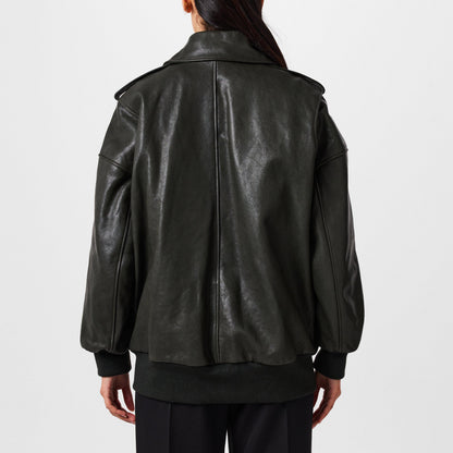 Aviator Bomber Leather Long Sleeve Oversized Fit Jacket