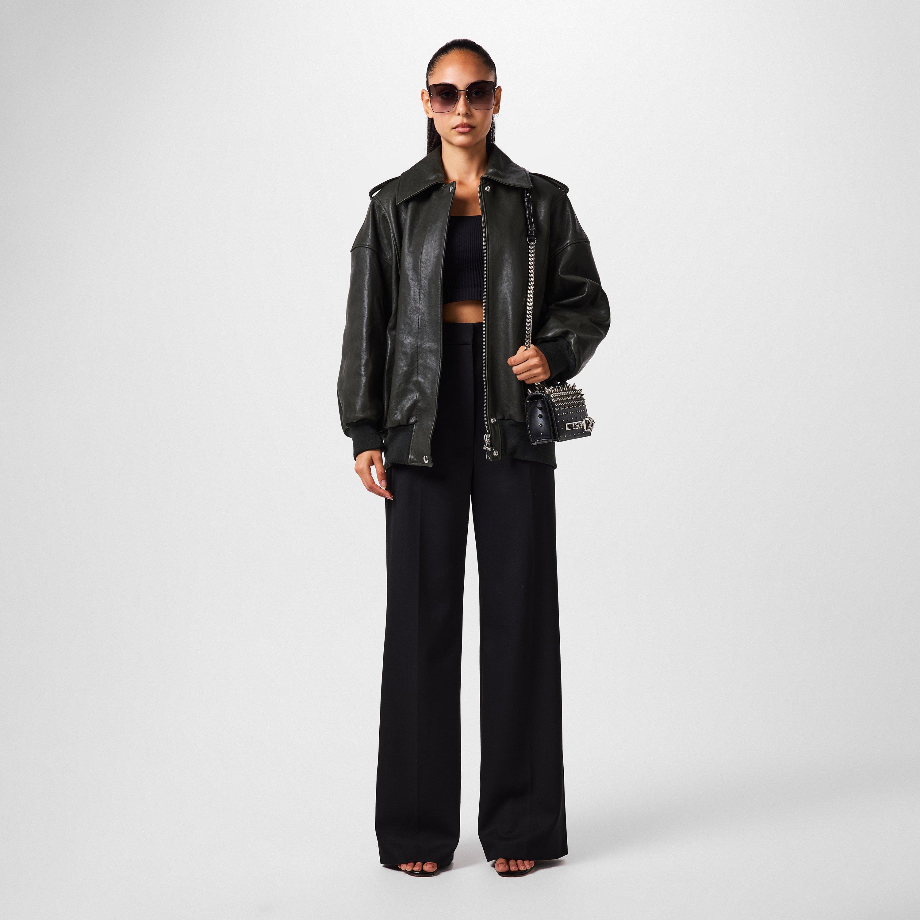 Aviator Bomber Leather Long Sleeve Oversized Fit Jacket