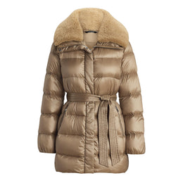 Faux Shearling Trim Belted Wind Resistant Duck Down Short Puffer Jacket