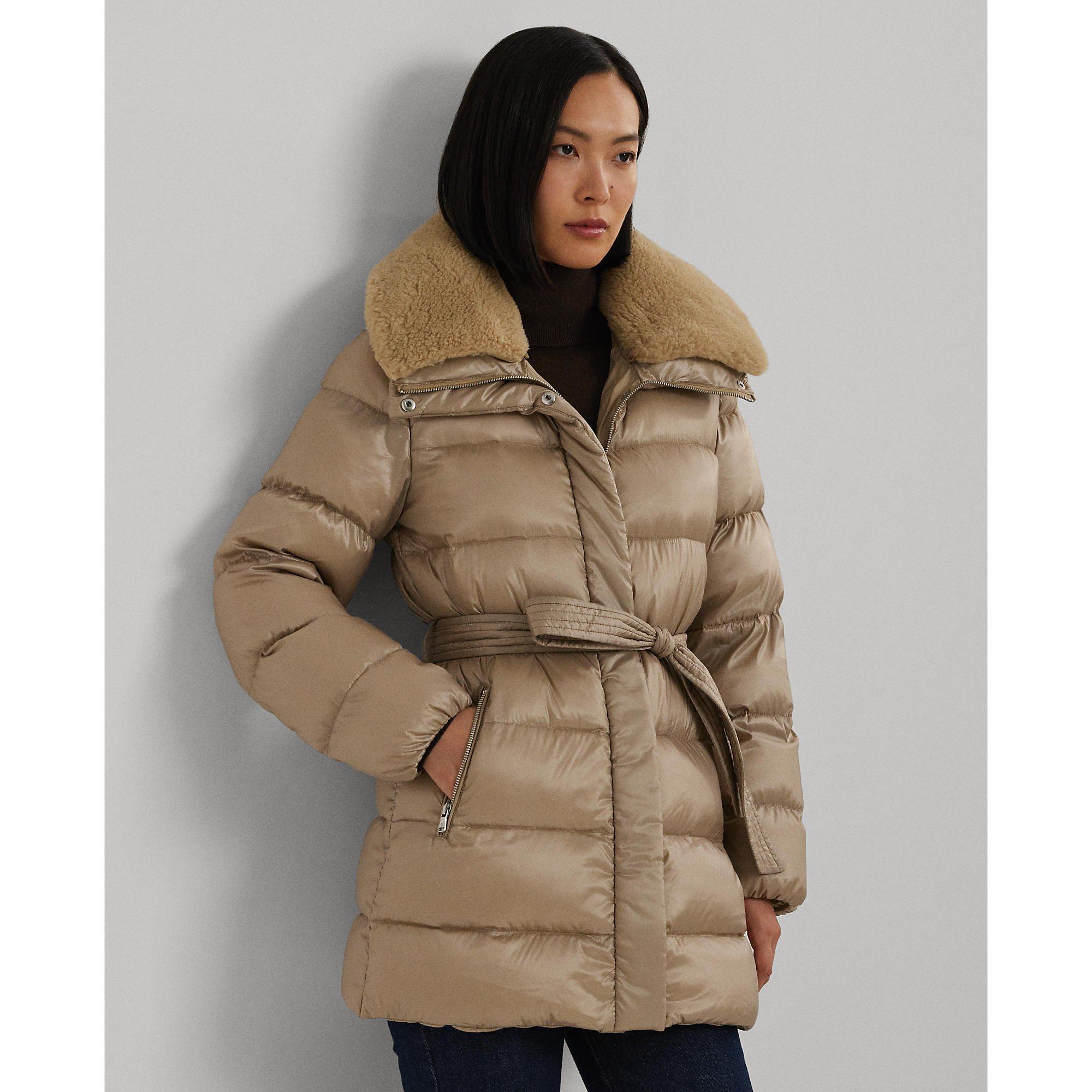 Faux Shearling Trim Belted Wind Resistant Duck Down Short Puffer Jacket