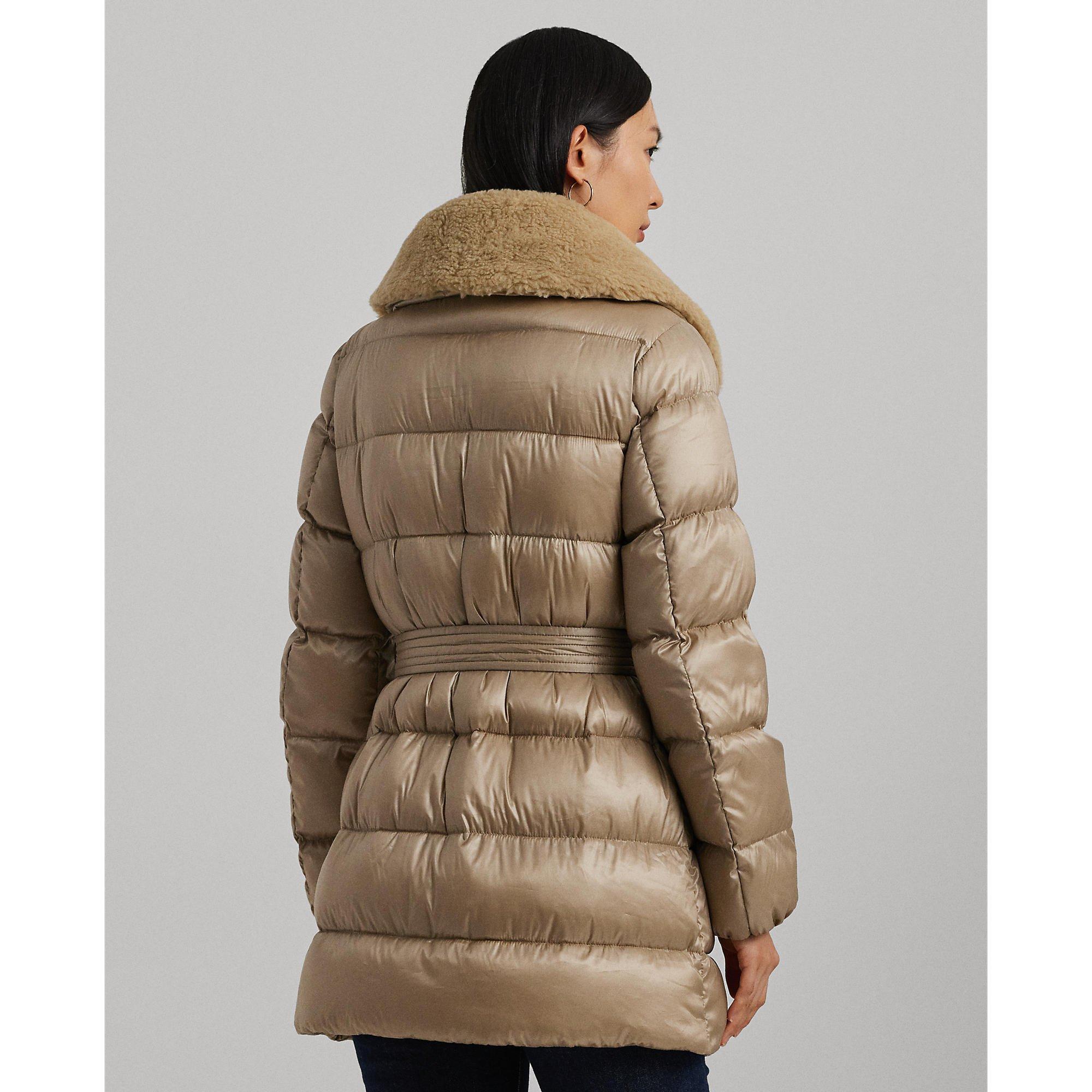 Faux Shearling Trim Belted Wind Resistant Duck Down Short Puffer Jacket