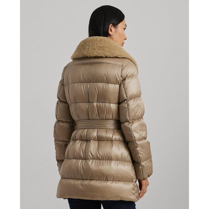 Faux Shearling Trim Belted Wind Resistant Duck Down Short Puffer Jacket