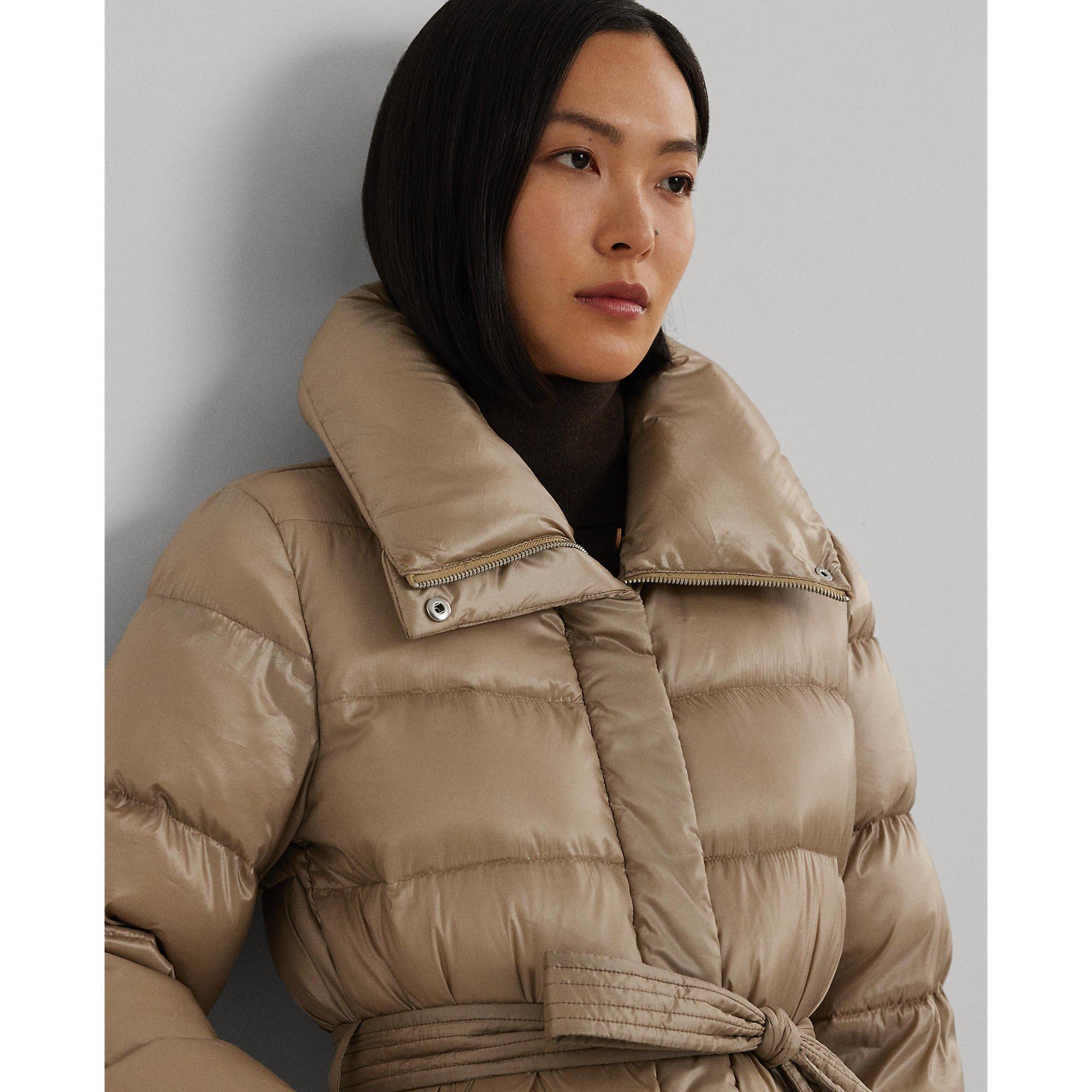 Faux Shearling Trim Belted Wind Resistant Duck Down Short Puffer Jacket