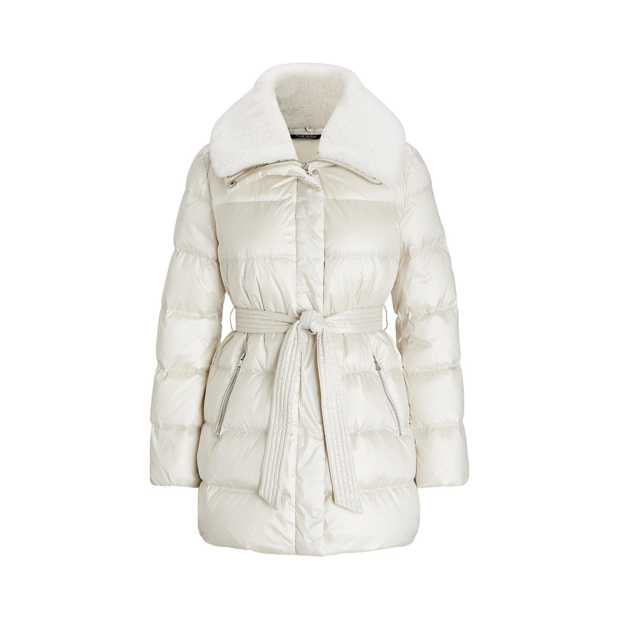 Faux Shearling Trim Belted Wind Resistant Duck Down Short Puffer Jacket