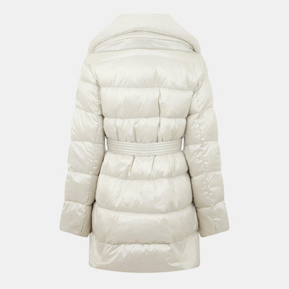 Faux Shearling Trim Belted Wind Resistant Duck Down Short Puffer Jacket