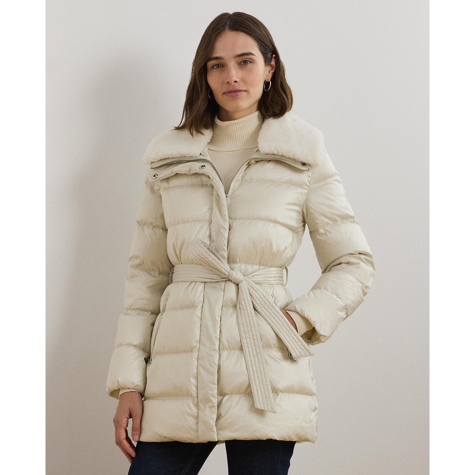Faux Shearling Trim Belted Wind Resistant Duck Down Short Puffer Jacket