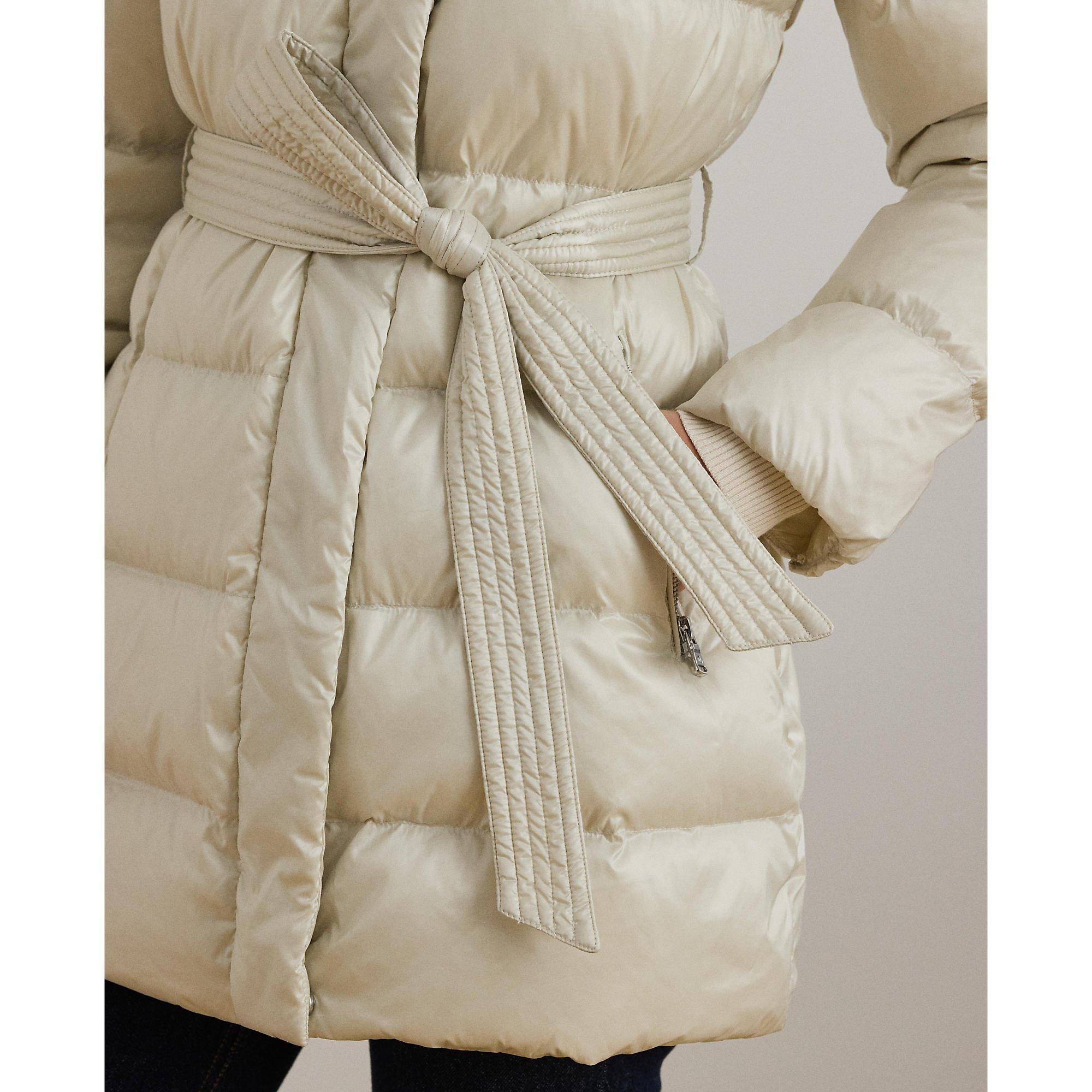 Faux Shearling Trim Belted Wind Resistant Duck Down Short Puffer Jacket