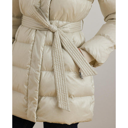 Faux Shearling Trim Belted Wind Resistant Duck Down Short Puffer Jacket