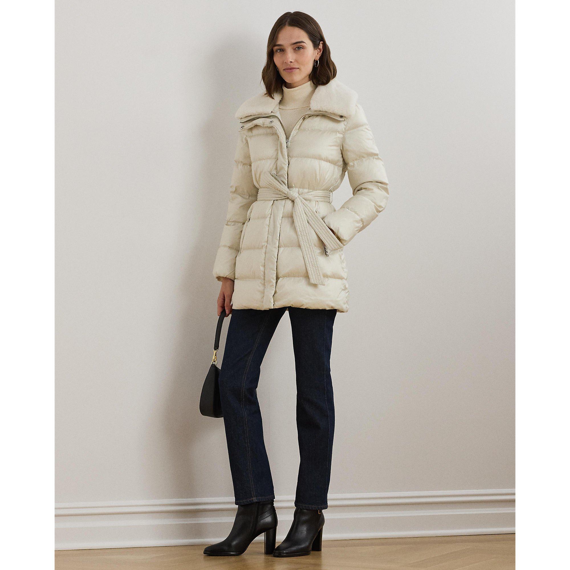 Faux Shearling Trim Belted Wind Resistant Duck Down Short Puffer Jacket
