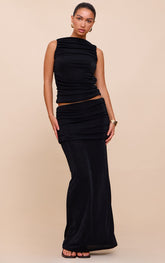 Black Acetate Slinky Ruched Low Rise Maxi Skirt