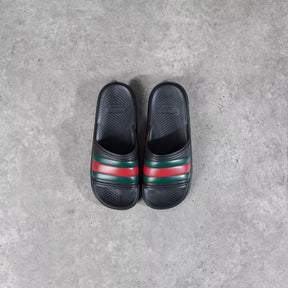 Sandal GUCCI ACE STRIPE RED GREEN BLACK RUBBER SLIDE 100% ORIGINAL