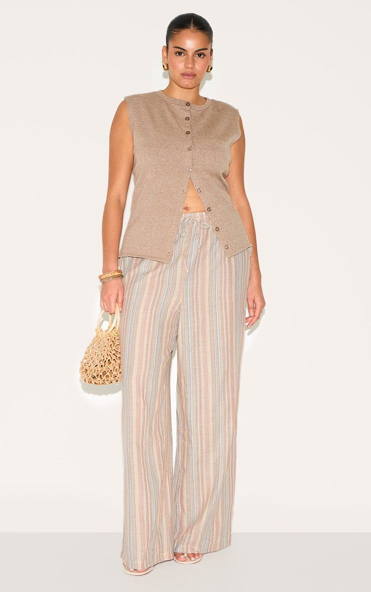 Plus Multi Stripe Linen Look Drawstring Trousers