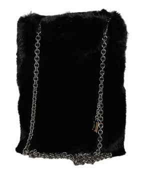 Black Faux Fur Silver Chain Crossbody Handbag