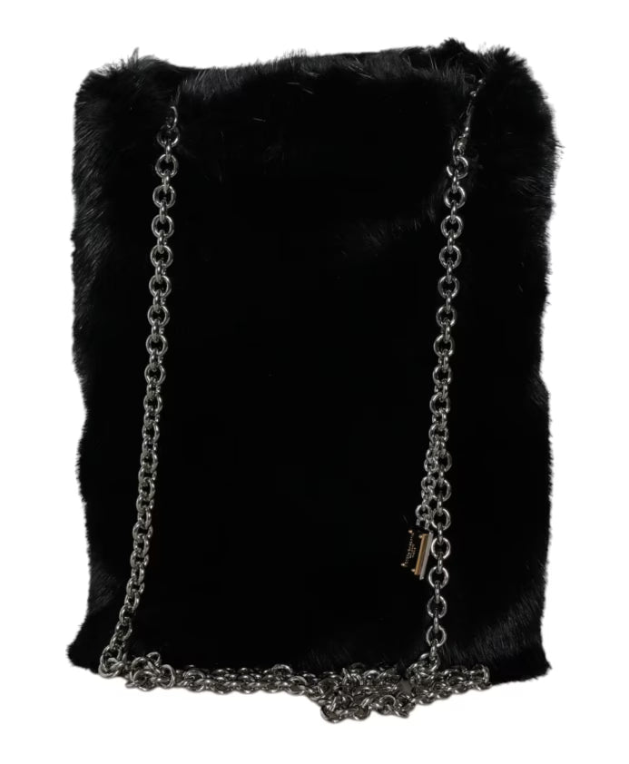 Black Faux Fur Silver Chain Crossbody Handbag