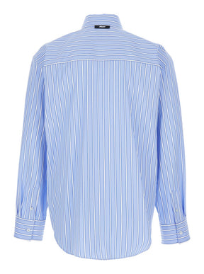 Msgm Light Blue Shirt with All-Over Striped Motif and Logo on the Front in Cotton Man