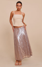 Mocha Sequin Low Rise Floaty Midaxi Skirt